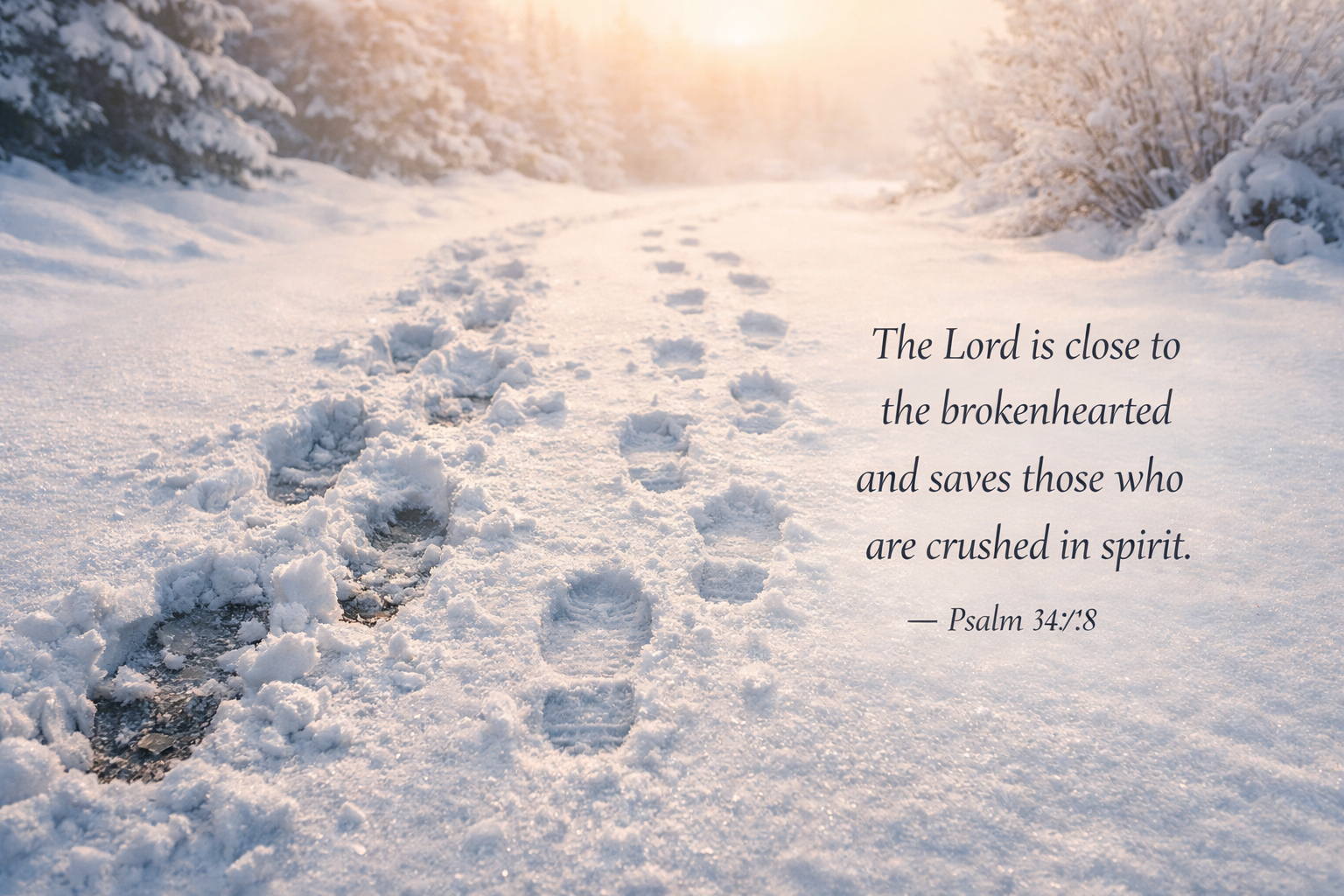 Two sets of footprints in snow one stumbling one appearing from nowhere walking alongside with Psalm 34:18 text